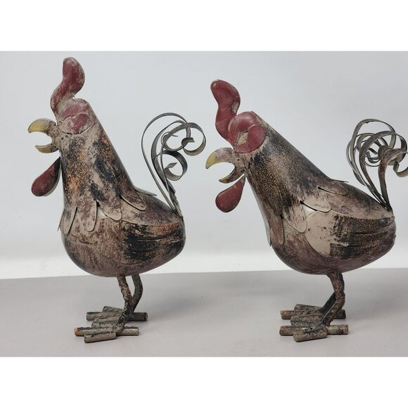Vintage Rustic Metal Rooster Sculpture Set‎ Of 2 Decorative Farmhouse Décor - Picture 3 of 16